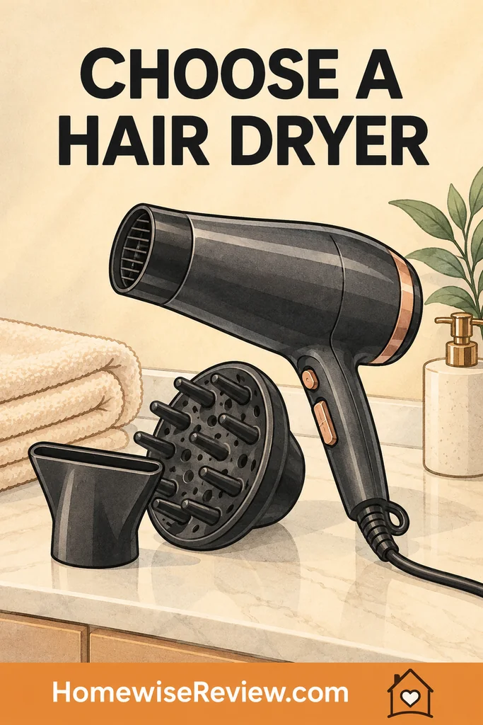 Illustration of a hair dryer with concentrator and diffuser attachments