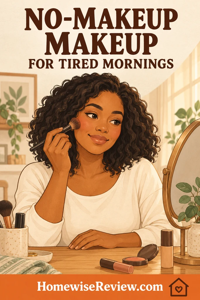 Drawn illustration of a woman applying light makeup at a morning vanity