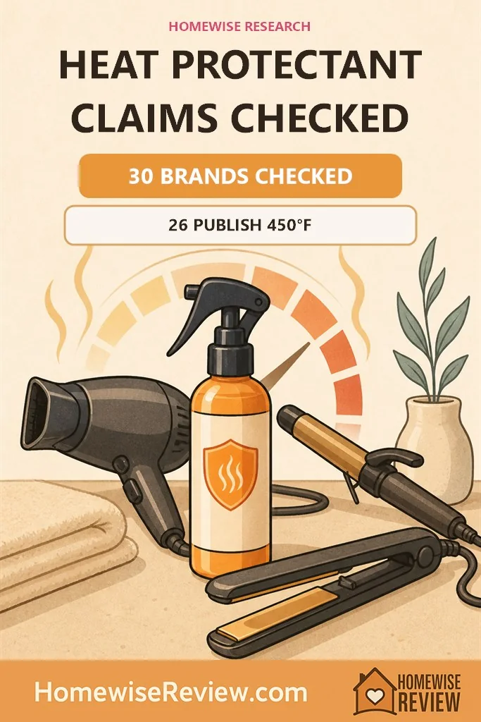Illustrated heat styling tools with 30 brands checked and 26 publishing a 450 degree Fahrenheit claim