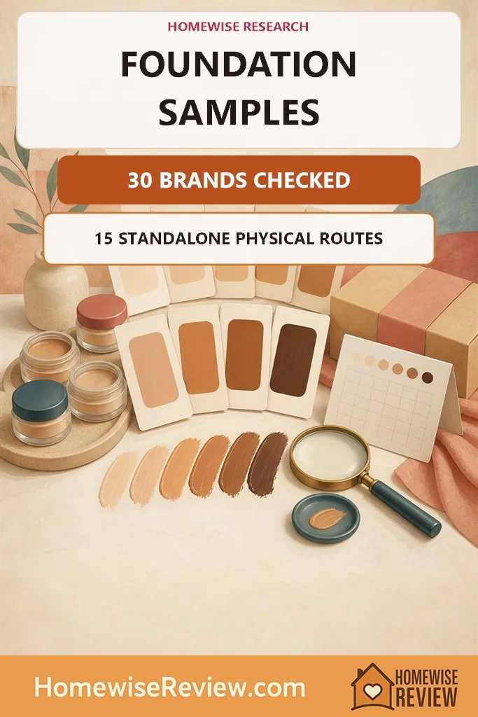 Warm illustrated research cover with unlabeled foundation sample cards, jars, shade swatches, parcel and magnifying glass stating that 30 brands were checked and 15 had standalone physical routes