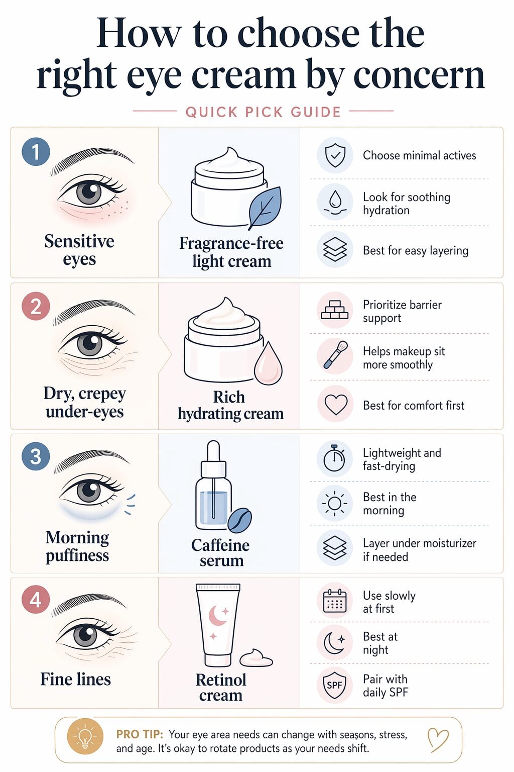 Simple guide matching common under-eye concerns to the best eye cream type.