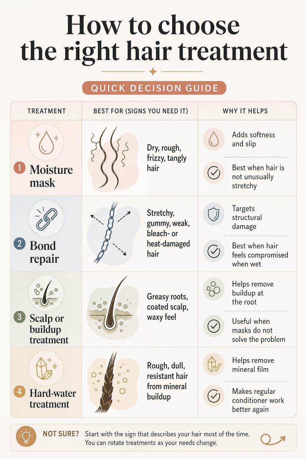 A simple matrix showing when to choose a moisture mask, bond repair, scalp treatment, or hard-water treatment based on hair symptoms.