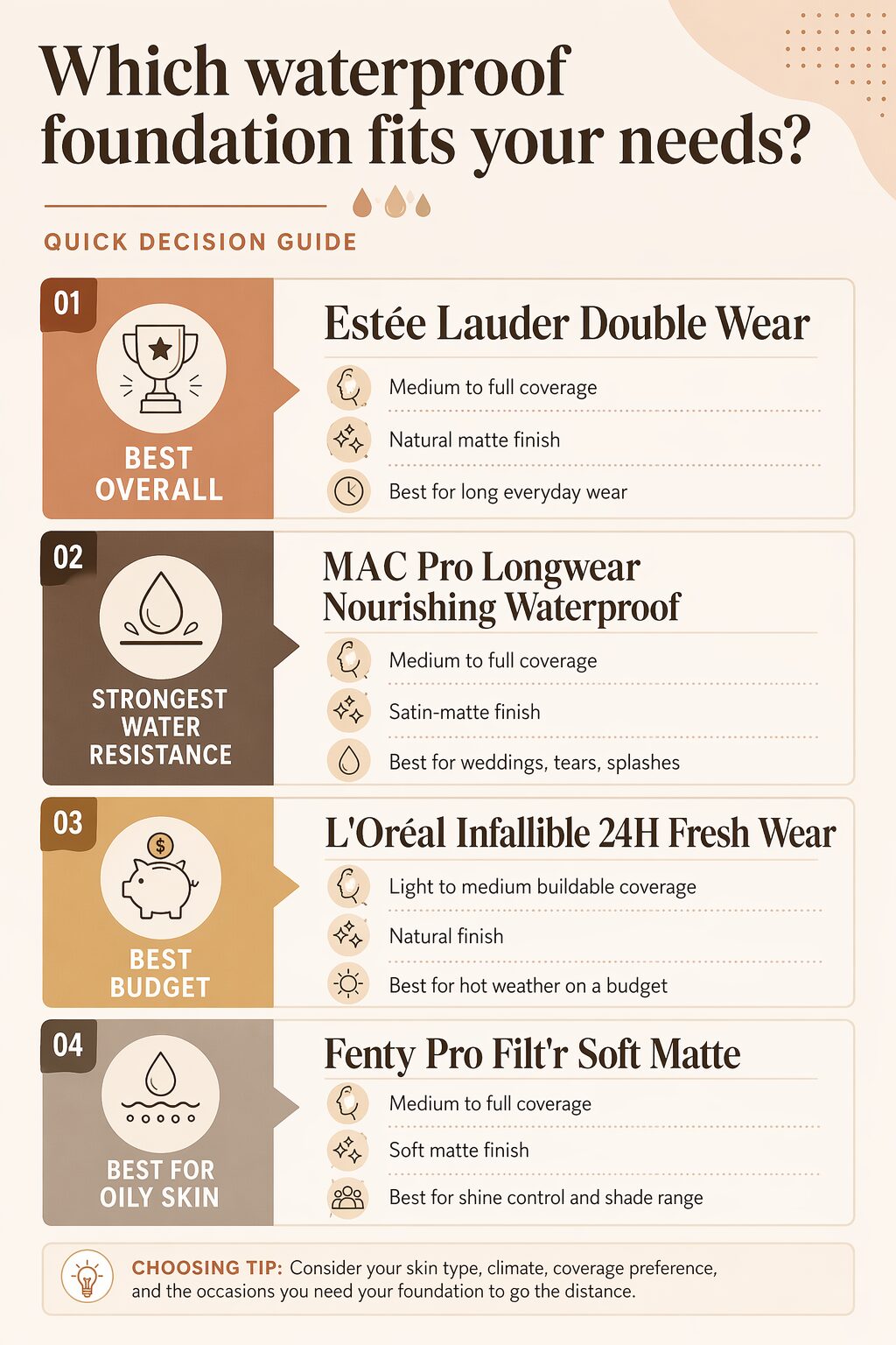A four-part comparison showing the best waterproof foundation picks by use case: overall, strongest water resistance, budget, and oily skin.