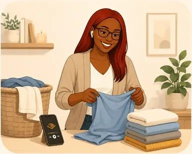 Jess listening to an audiobook while folding laundry