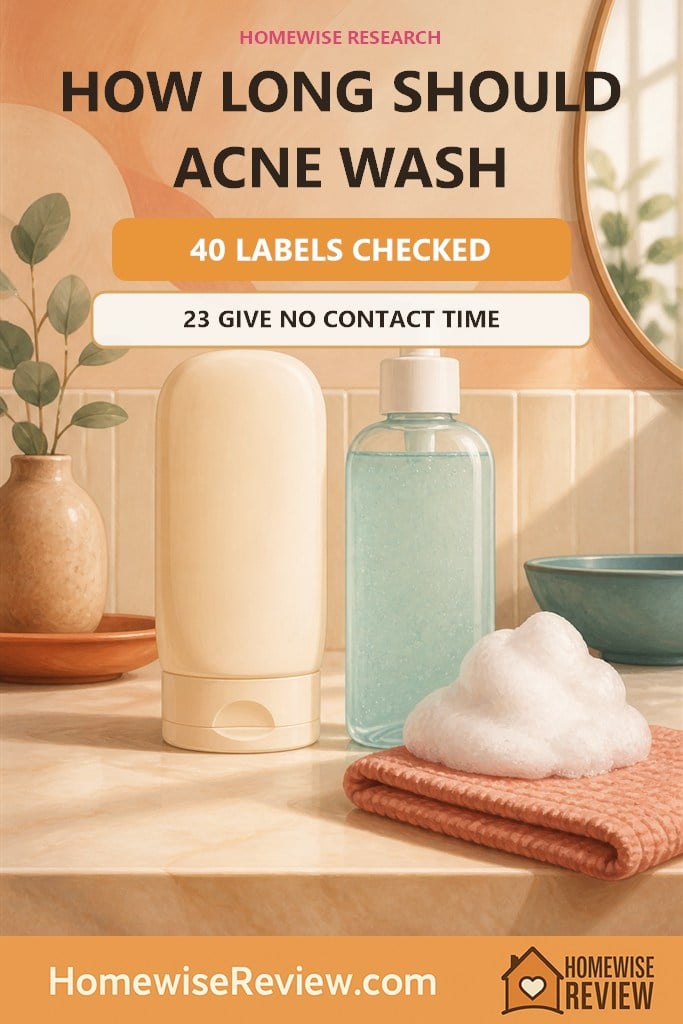 Illustrated acne cleanser label audit cover stating that 23 of 40 labels give no contact time