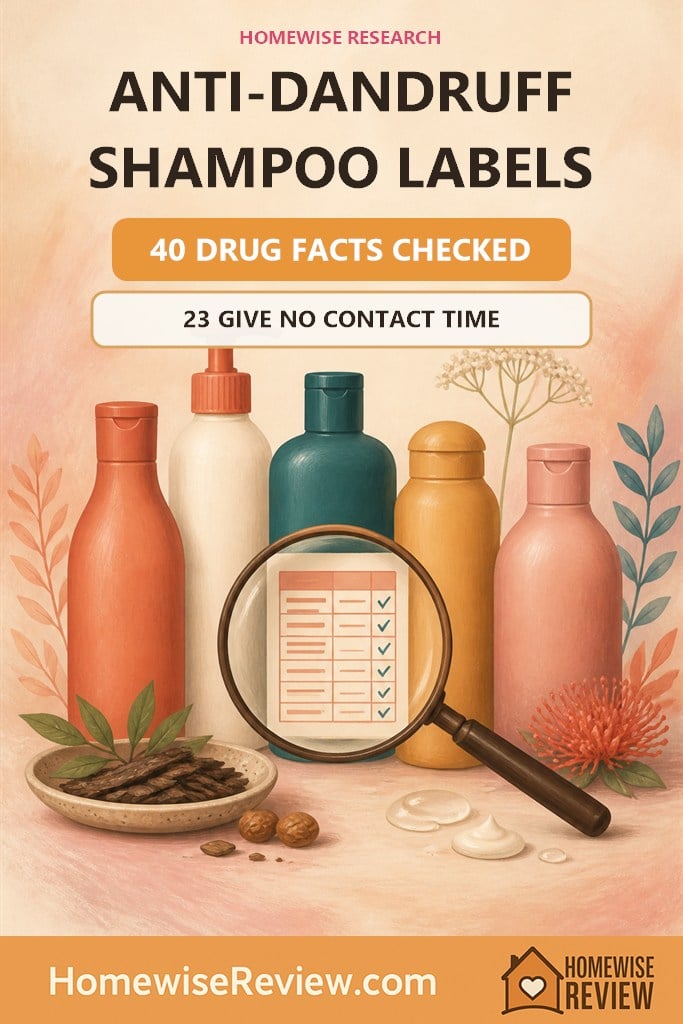 Illustrated anti-dandruff shampoo label audit with 40 Drug Facts checked and 23 labels giving no contact time