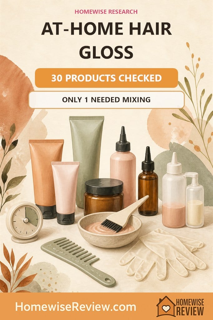 Warm illustrated hair-gloss research cover stating that 30 products were checked and only one required mixing