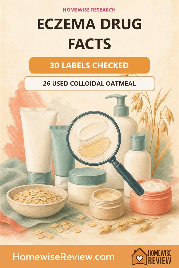 Warm illustrated eczema Drug Facts audit cover stating that 26 of 30 labels use colloidal oatmeal