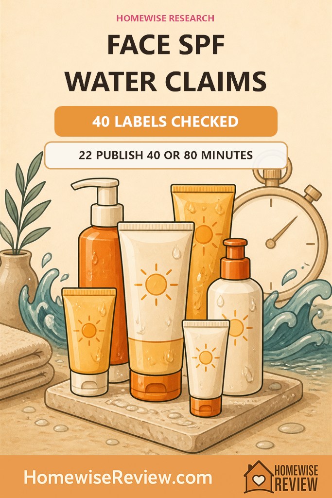 Illustrated face sunscreen bottles with 40 labels checked and 22 publishing 40- or 80-minute water-resistance claims