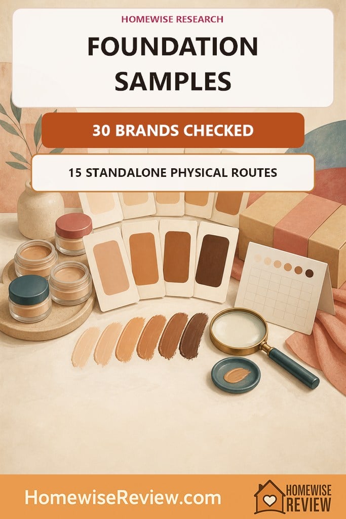 Warm illustrated research cover with unlabeled foundation sample cards, jars, shade swatches, parcel and magnifying glass stating that 30 brands were checked and 15 had standalone physical routes