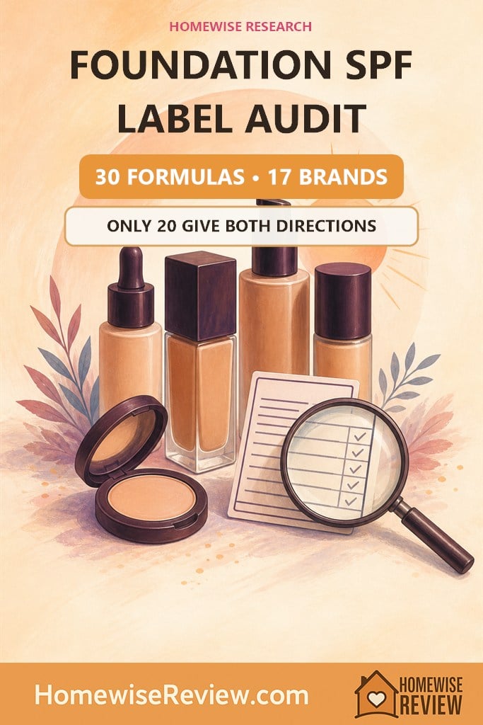 Warm illustrated foundation SPF label audit cover stating that 20 of 30 formulas give both follow-up directions