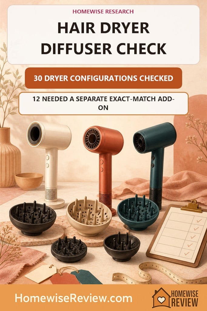 Warm illustrated research cover with three hair dryers and five diffuser bowls stating that 30 configurations were checked and 12 needed a separate exact-match add-on