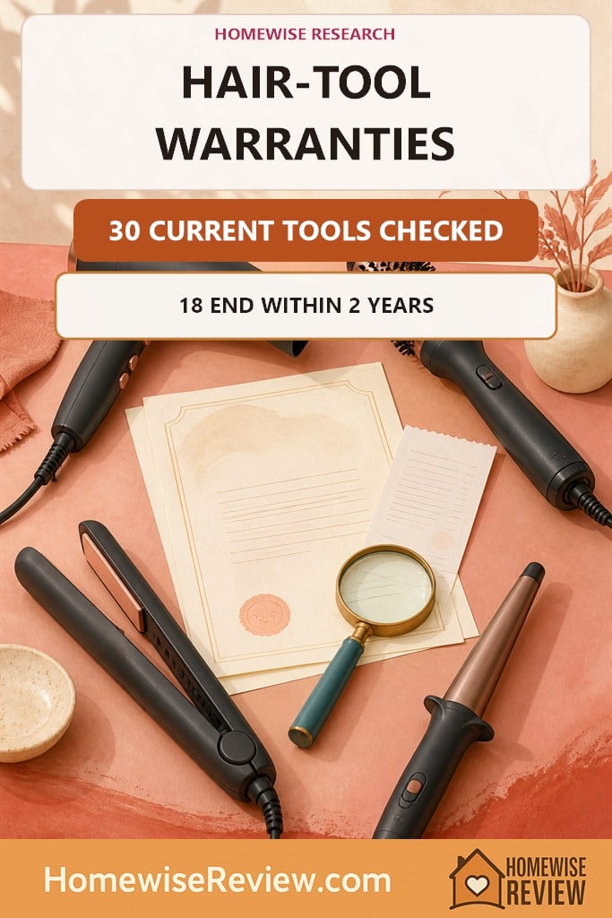 Warm illustrated research cover with hair dryer, hot-air brush, flat iron, curling tool, warranty papers and a magnifying glass stating that 30 current tools were checked and 18 warranties end within two years