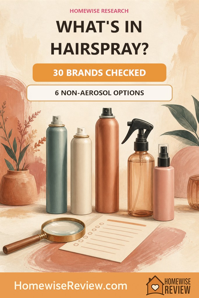 Warm illustrated hairspray audit cover stating 30 brands checked and six non-aerosol options