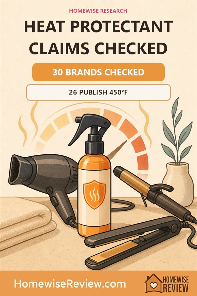 Illustrated heat styling tools with 30 brands checked and 26 publishing a 450 degree Fahrenheit claim