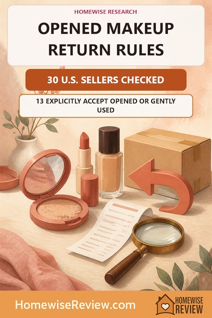Warm illustrated research cover with an opened compact, lipstick, foundation, parcel, receipt, return arrow and magnifying glass stating that 30 U.S. sellers were checked and 13 explicitly accept opened or gently used makeup