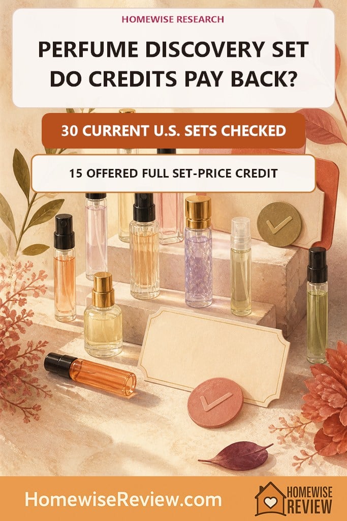Warm illustrated research cover with perfume sample vials stating that 30 current U.S. discovery sets were checked and 15 offered full set-price credit
