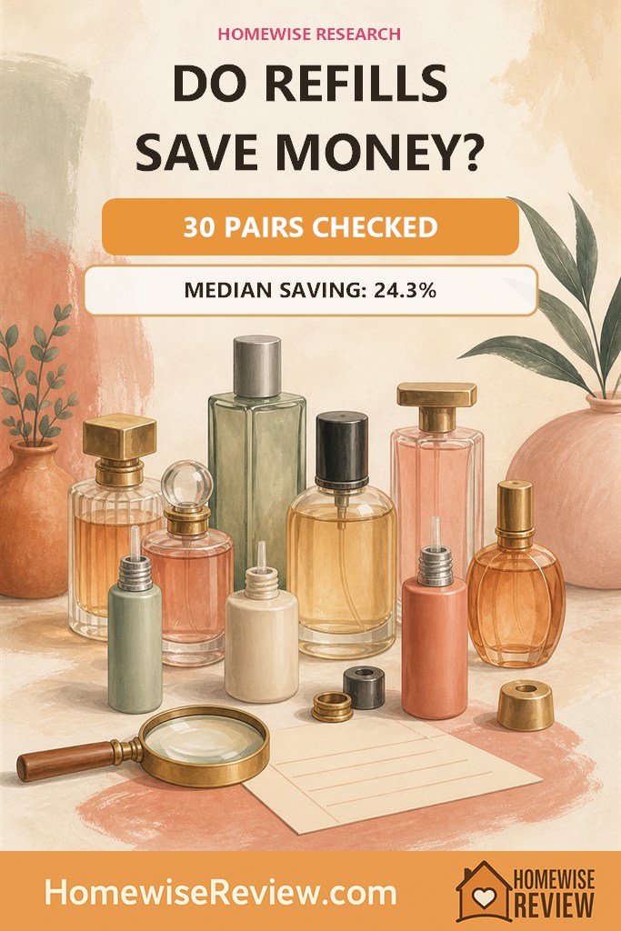 Warm illustrated perfume refill study cover stating that 30 pairs were checked and the median unit saving was 24.3 percent