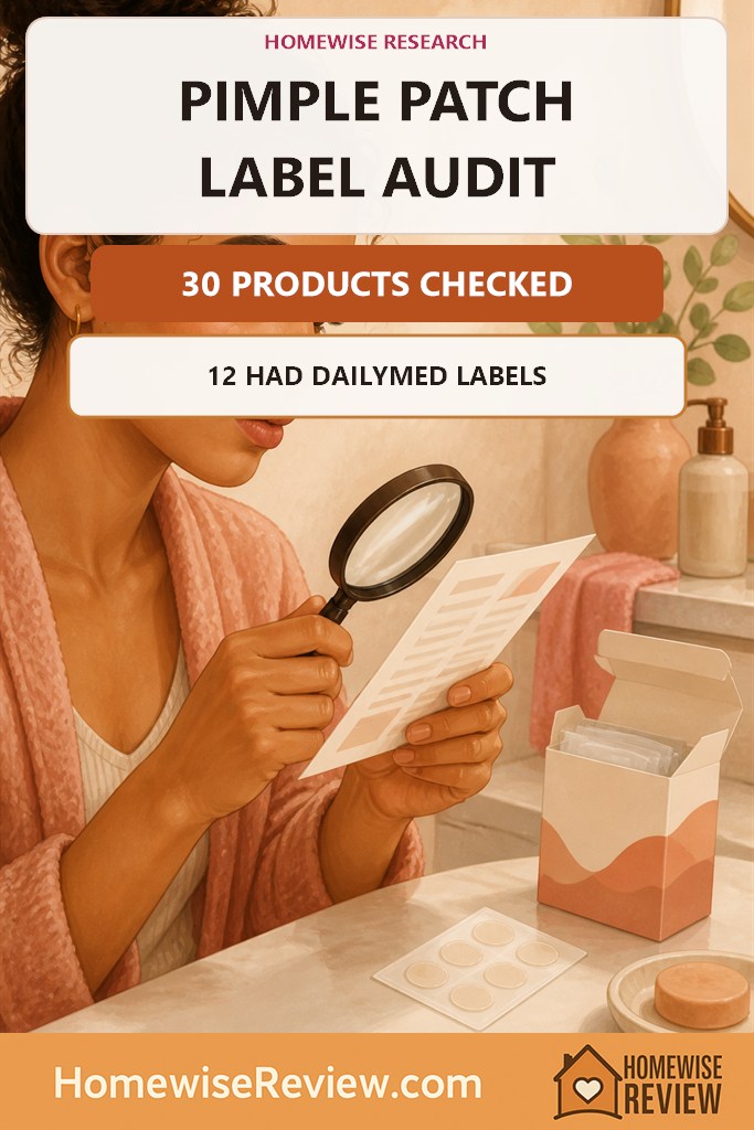 Warm illustrated pimple patch label audit cover stating that 30 products were checked and 12 had matching DailyMed labels