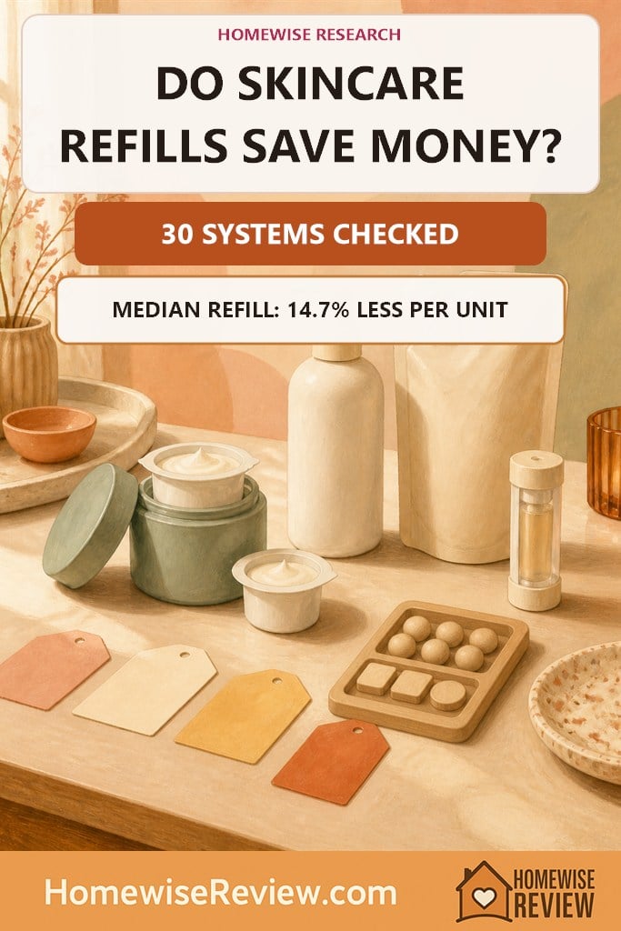 Warm illustrated research cover with refill pods, pouches, jars and a calculator stating that 30 skincare systems were checked and the median refill was 14.7 percent cheaper per unit