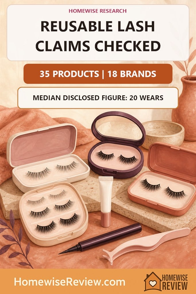 Warm illustrated HomeWise Research cover showing reusable false-lash cases, adhesive, magnetic liner and an applicator, stating that 35 products across 18 brands were checked and the median disclosed figure was 20 wears