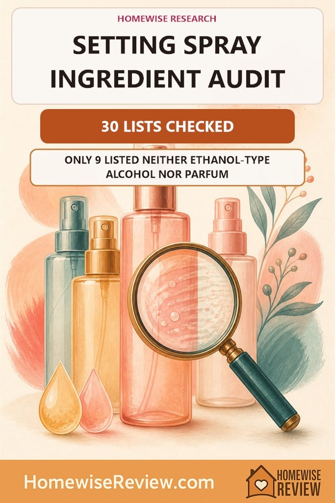 Warm illustrated setting spray ingredient audit cover stating that only 9 of 30 lists contained neither ethanol-type alcohol nor parfum
