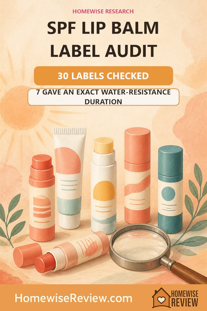 Warm illustrated SPF lip balm label audit cover stating that 7 of 30 labels gave an exact water-resistance duration