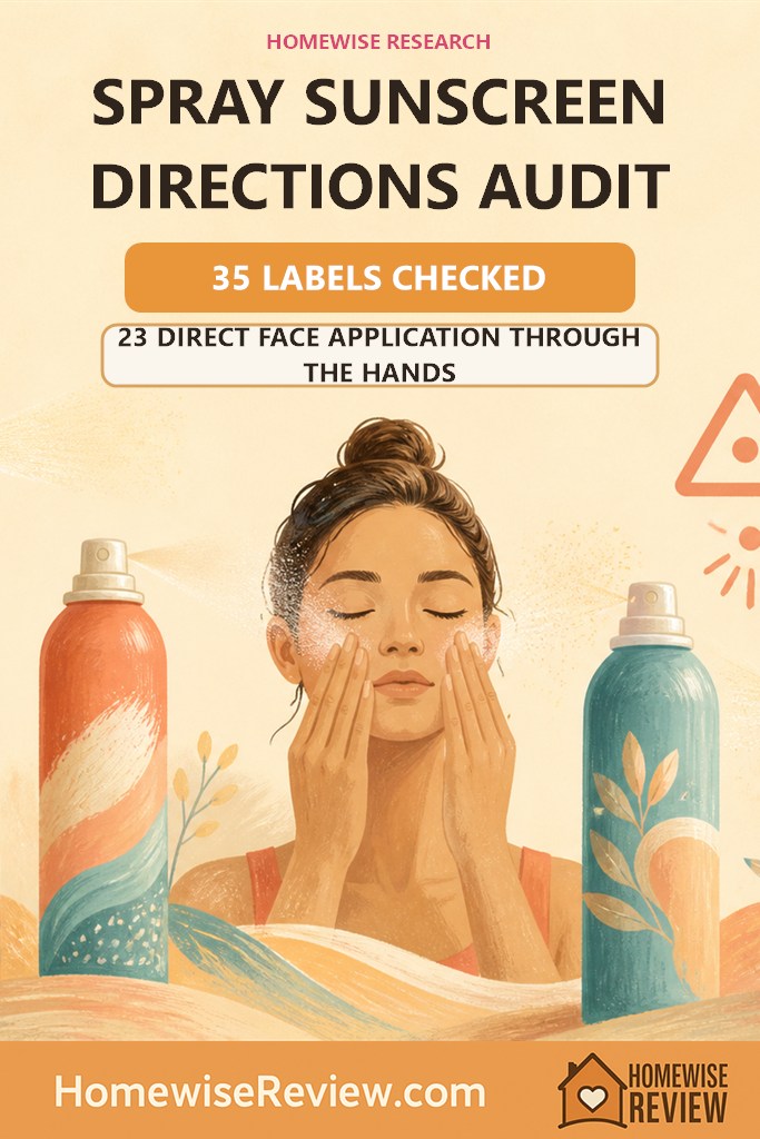 Warm illustrated spray sunscreen audit cover stating that 23 of 35 labels direct face application through the hands