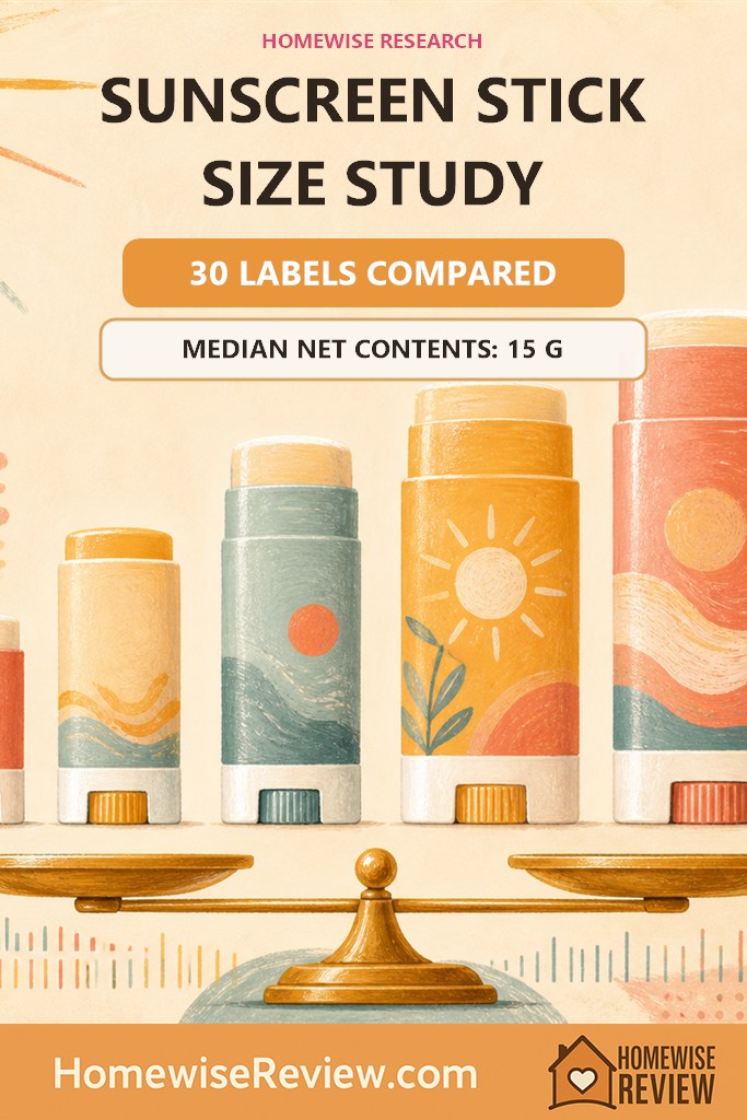 Warm illustrated sunscreen stick study cover showing a 15 gram median across 30 labels