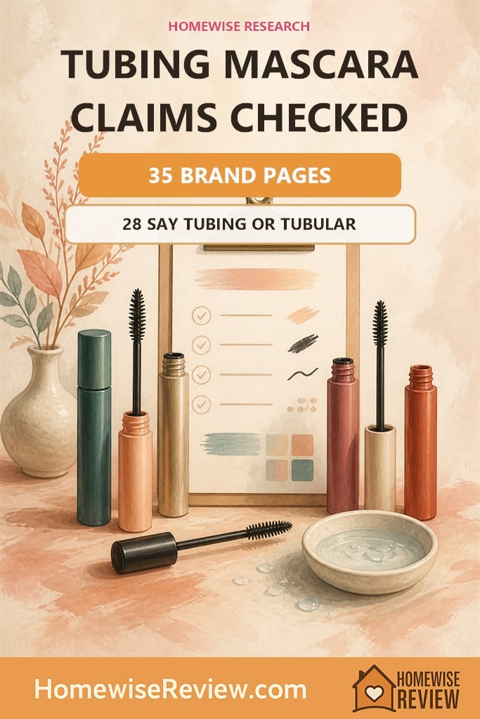 Warm illustrated tubing mascara claim audit cover stating that 28 of 35 brand pages use explicit tubing wording