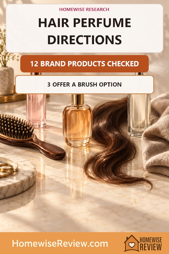 HomeWise Research cover showing three anonymous fragrance mists beside a hairbrush and a lock of hair, stating that 12 brand products were checked and three offer a brush option
